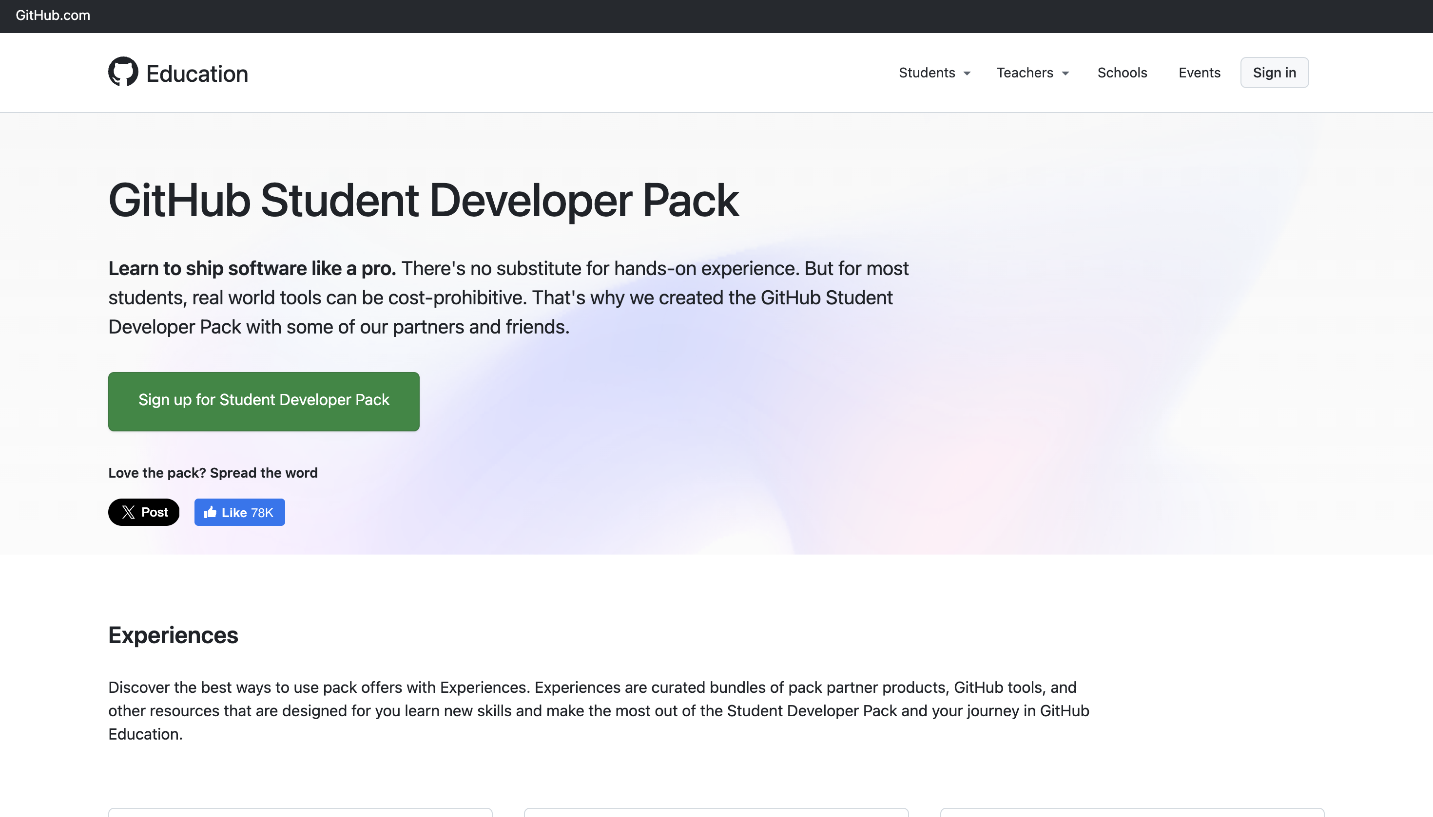 Screenshot of GitHub Student Benefits button