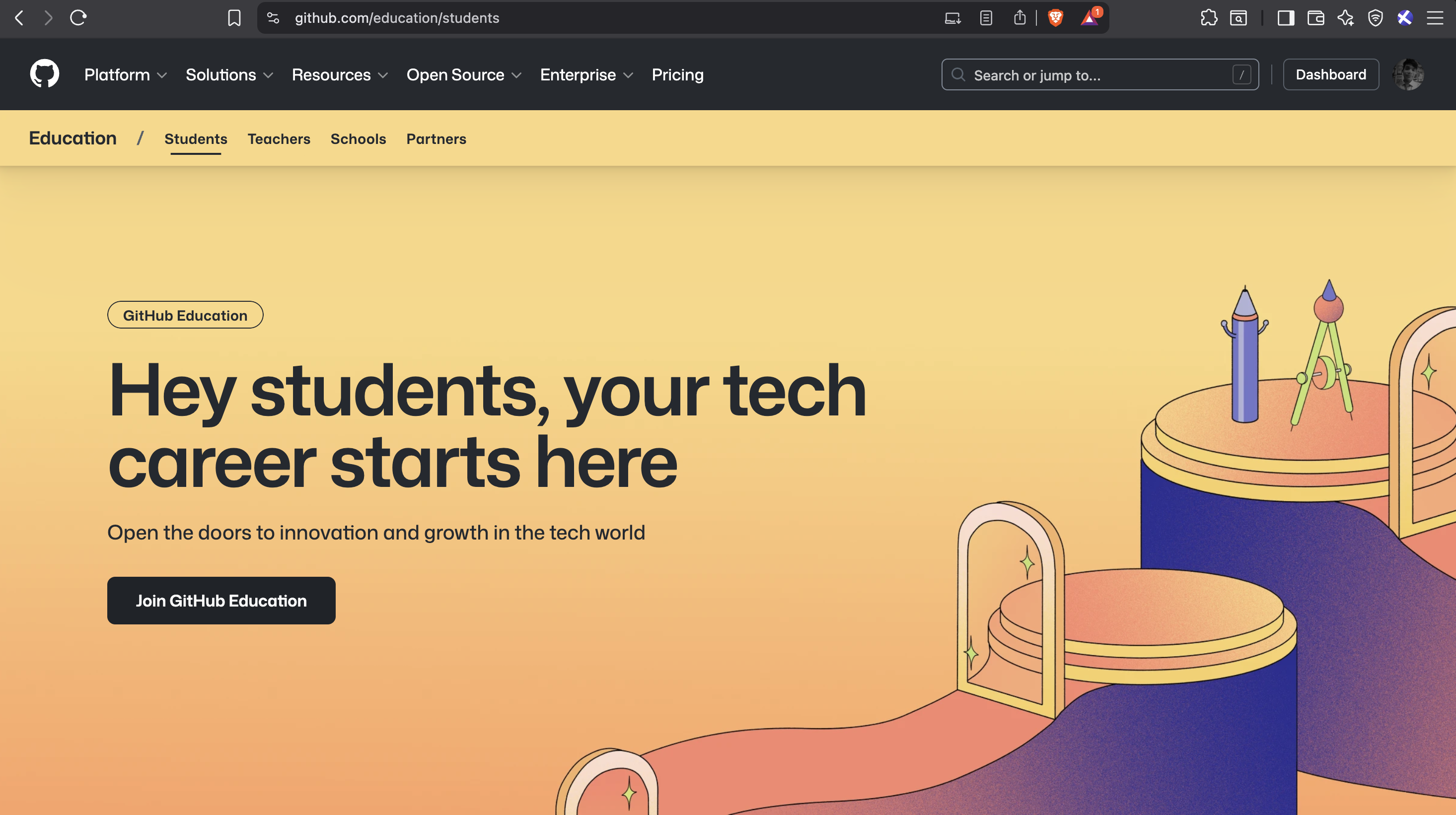 Screenshot of GitHub Education landing page