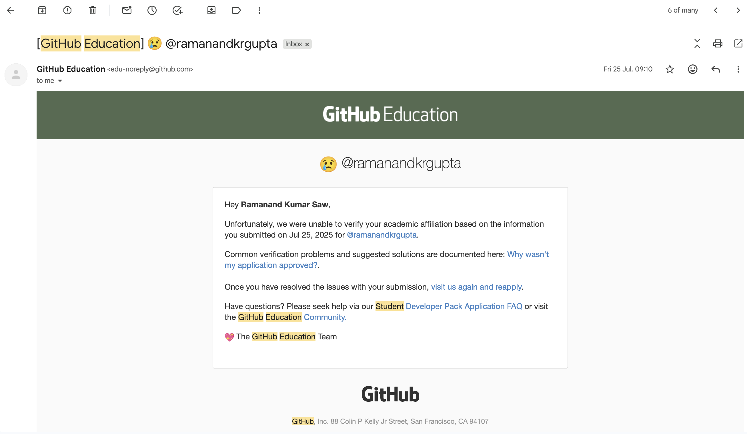 Screenshot of rejected application example
